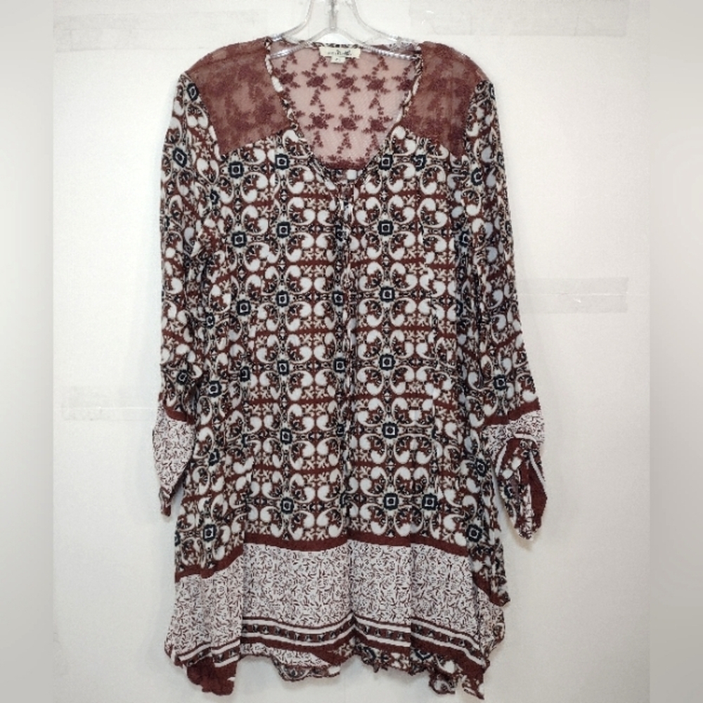 Simply Noelle Women's Brown/White Bohemian Patterned Tunic Top Size (XXL)